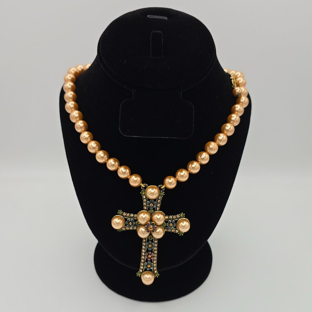 Heidi Daus Faux Pearl and Swarovski Crystals Cross Statement Necklace - Vintage